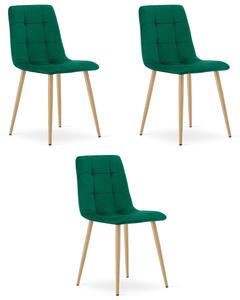 Set tří jídelních židlí KARA sametové, tmavě zelené / hnědé nohy (3 ks)