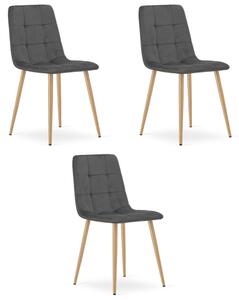Set tří jídelních židlí KARA sametové, tmavě šedé / hnědé nohy (3 ks)