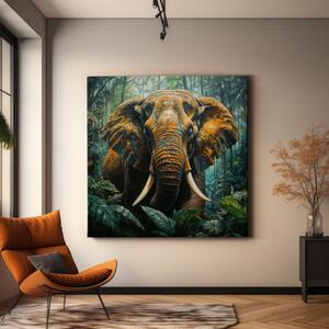 Obraz na plátně - Slon, Zlatý obr džungle, Makro portrét, Králové divočiny FeelHappy.cz Velikost obrazu: 140 x 140 cm