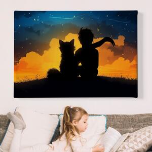 Obraz na plátně - Malý princ a liška pozorují nádherný západ slunce (siluety) FeelHappy.cz Velikost obrazu: 210 x 140 cm
