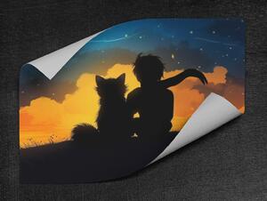 Plakát - Malý princ a liška pozorují nádherný západ slunce (siluety) FeelHappy.cz Velikost plakátu: A3 (29,7 × 42 cm)
