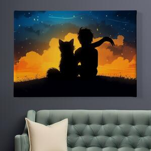 Obraz na plátně - Malý princ a liška pozorují nádherný západ slunce (siluety) FeelHappy.cz Velikost obrazu: 40 x 30 cm