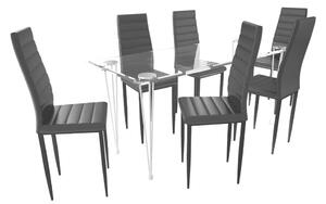 Jídelní set: černé židle štíhlé 6 ks a 1 skleněný stůl