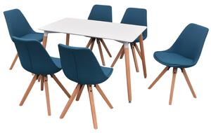 Sedmidílný jídelní set stolu a židlí, bílá a modrá