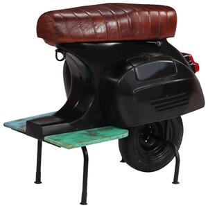 Barová stolička Skútr černá pravá kůže a recyklované dřevo