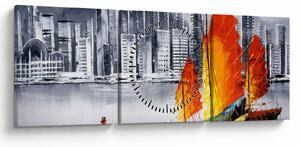 Obraz - Victoria Harbor, Hong Kong, černobílá olejomalba (s hodinami) (90x30 cm)