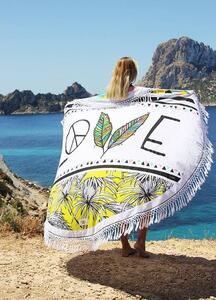 Bílý kulatý plážový bavlněný ručník s třásněmi Love - Ø180 cm