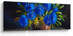 Obraz modrých květů ve váze (s hodinami) (90x30 cm)