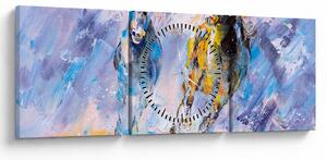 Obraz běžících koňů, olejomalba (s hodinami) (90x30 cm)
