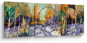 Obraz - Zasněžená cesta lesem, olejomalba (s hodinami) (90x30 cm)