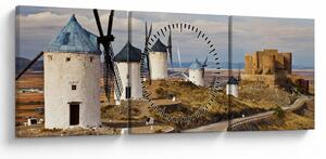Obraz - Větrné mlýny Consuegra, Španělsko (s hodinami) (90x30 cm)