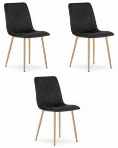Set tří jídelních židlí LAVA sametové černé / dřevěné nohy (3 ks)
