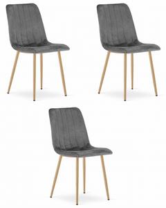 Set tří jídelních židlí LAVA sametové šedé / dřevěné nohy (3 ks)
