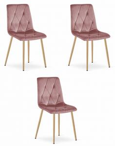 Set tří jídelních židlí LIBRA sametové růžové / dřevěné nohy (3 ks)