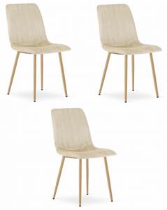 Set tří jídelních židlí LAVA sametové světle béžové / dřevěné nohy (3 ks)
