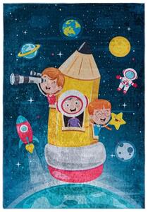 Makro Abra Dětský kusový koberec vhodný k praní BAMBINO 42810 Vesmír Raketa Kosmonaut Děti modrý protiskluzový žlutý Rozměr: 80x150 cm