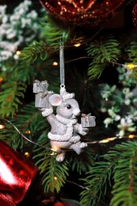Šedá závěsná vánoční ozdoba myška s dárky 7cm