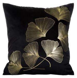 Sametový povlak na polštář se zlatým potiskem ginko listů - černý