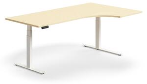 AJ Produkty Výškově nastavitelný stůl QBUS, rohový, 2000x1200 mm, bílá podnož, bříza