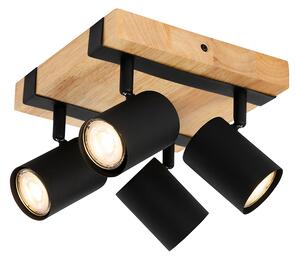 Stropní svítidlo černé se dřevem 4-světelné nastavitelné obdélníkové - Jeana