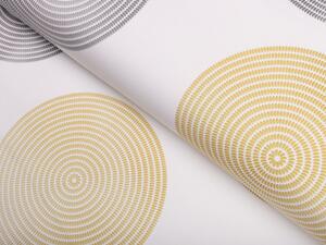 Sametová látka Tamara TMR-023 Žluté a šedé designové kruhy na smetanovém - šířka 150 cm