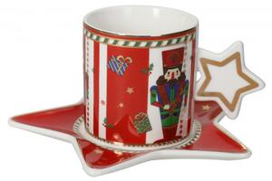 Vánoční sada 2 šálků s podšálkami ve tvaru hvězdy Lo Schiaccianoci BRANDANI (barva - porcelán, bílá/červená/zlatá)