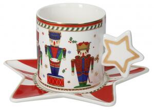 Vánoční sada 2 šálků s podšálkami ve tvaru hvězdy Lo Schiaccianoci BRANDANI (barva - porcelán, bílá/červená/zlatá)
