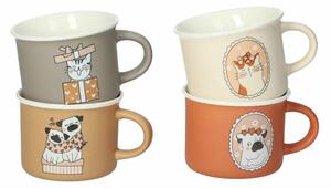 Sada 4 porcelánových šálků na kávu s motivem psů a koček 160ml BRANDANI (barva - béžová, tabáková, cihlová, bílá)