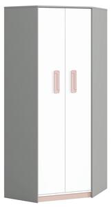 Rohová šatní skříň VILLOSA šedá/bílá/růžová