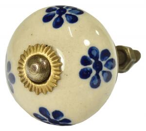 Malovaná porcelánová úchytka na šuplík, bílá, modré malované květiny, 3,7cm