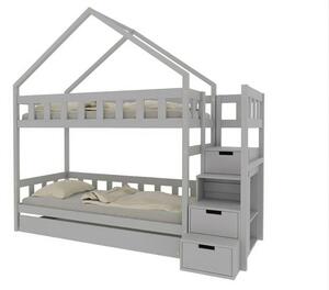 Domečková patrová postel PLOTTY s úložnými schody 90x200 cm - Světle šedá, Zvolte šuplík: Přistýlka 90x190 cm, Zvolte stranu: Vpravo