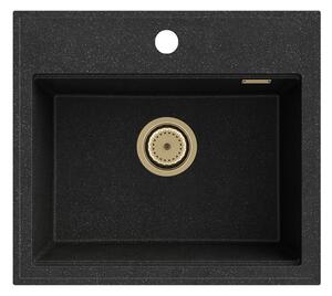 Sink Quality Ferrum New 5055, 1-komorový granitový dřez 560x500x210 mm + zlatý sifon, černá skvrnitá, SKQ-FER.5055.BP.XG