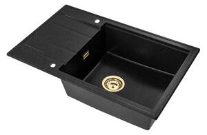 Sink Quality Ferrum New 8010, 1-komorový granitový dřez 800x500x210 mm + zlatý sifon, černá skvrnitá, SKQ-FER.8010.BP.XG