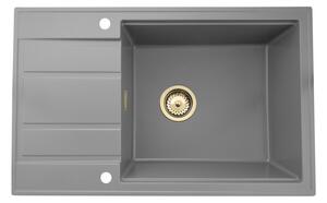 Sink Quality Ferrum New 8010, 1-komorový granitový dřez 800x500x210 mm + zlatý sifon, šedá, SKQ-FER.8010.G.XG