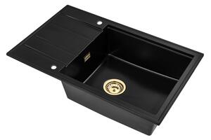 Sink Quality Ferrum New 8010, 1-komorový granitový dřez 800x500x210 mm + zlatý sifon, černá, SKQ-FER.8010.BK.XG