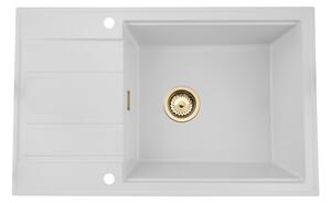 Sink Quality Ferrum New 8010, 1-komorový granitový dřez 800x500x210 mm + zlatý sifon, bílá, SKQ-FER.8010.WH.XG