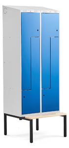 AJ Produkty Šatní skříňka CLASSIC Z, šikmá střecha, s lavicí, 2 sekce, 4 dveře, 2290x800x550 mm, modré dveře