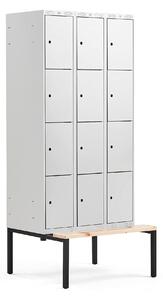 AJ Produkty Boxová šatní skříň CLASSIC, s lavicí, 3 sekce, 12 boxů, 2120x900x550 mm, šedé dveře