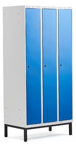 AJ Produkty Šatní skříňka CLASSIC, s nohami, 3 sekce, 1940x900x550 mm, modré dveře