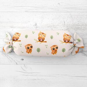 Biante Dětský polštář válec bonbon Sandra SA-616 Sovičky na větvích na bílém 15x40 cm
