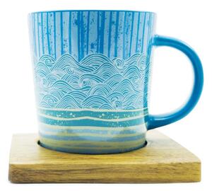 Porcelánový hrnek PPD Blue Wave, modrý, akáciový podšálek, motiv vln, 350 ml