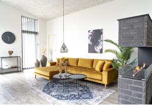 House Nordic Pohovka Lounge Sofa, levá strana, z hořčicově žlutého sametu, se čtyřmi polštáři a nohami z přírodního dřeva, HN1004 (Hořčicově žlutá)
