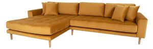 House Nordic Pohovka Lounge Sofa, levá strana, z hořčicově žlutého sametu, se čtyřmi polštáři a nohami z přírodního dřeva, HN1004 (Hořčicově žlutá)