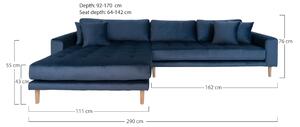 House Nordic Pohovka Lounge Sofa, levá strana, tmavě modrý samet, čtyři polštáře a nohy z přírodního dřeva, HN1005 (Tmavě modrá)