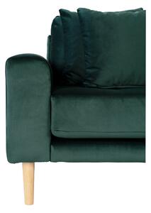 House Nordic Lounge Sofa, pravá strana, tmavě zelený samet, čtyři polštáře a nohy z přírodního dřeva, HN1006 (Zelená)