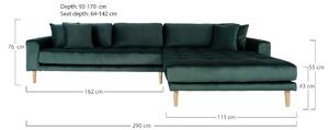 House Nordic Lounge Sofa, pravá strana, tmavě zelený samet, čtyři polštáře a nohy z přírodního dřeva, HN1006 (Zelená)