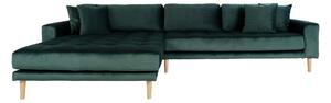 House Nordic Pohovka Lounge Sofa, levá strana, tmavě zelený samet, čtyři polštáře a nohy z přírodního dřeva, HN1006 (Zelená)