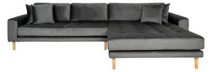 House Nordic Lounge Sofa, pravá strana, tmavě šedý samet, čtyři polštáře a nohy z přírodního dřeva, HN1013 (Šedá)