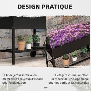 Metalová pěstební miska Outsunny se stojanem a policí 104L x 39Š x 80V cm 2 kola + zavlažovací vložka Černá | Aosom