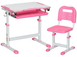 HOMCOM Nastavitelný školní stůl pro děti ve věku 6-12 let, set stolu a židle s 45° naklápěcí deskou, zásuvkou, 2 držáky na tužky a háčkem, růžový | Ao